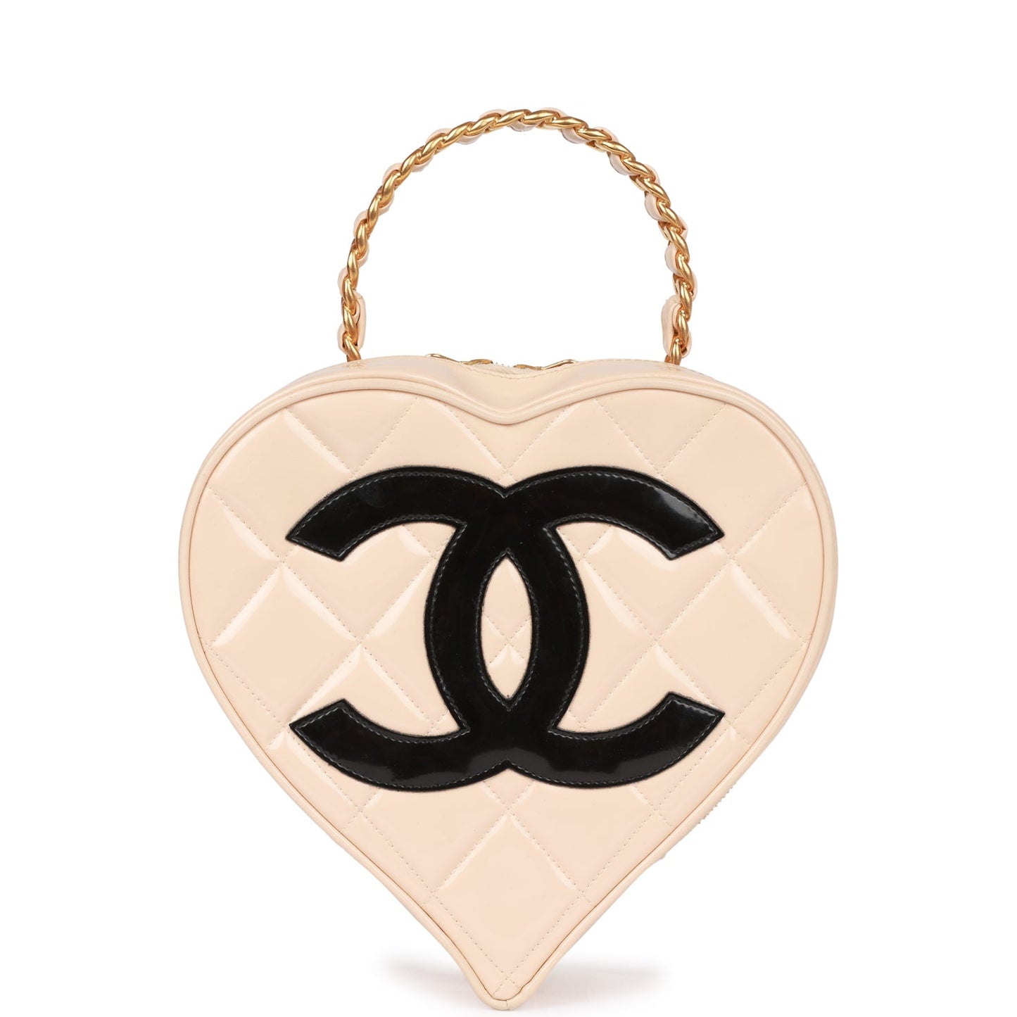 Vintage Luxury Chanel Heart Vanity Bag Beige and Black Patent Antique Gold Hardware