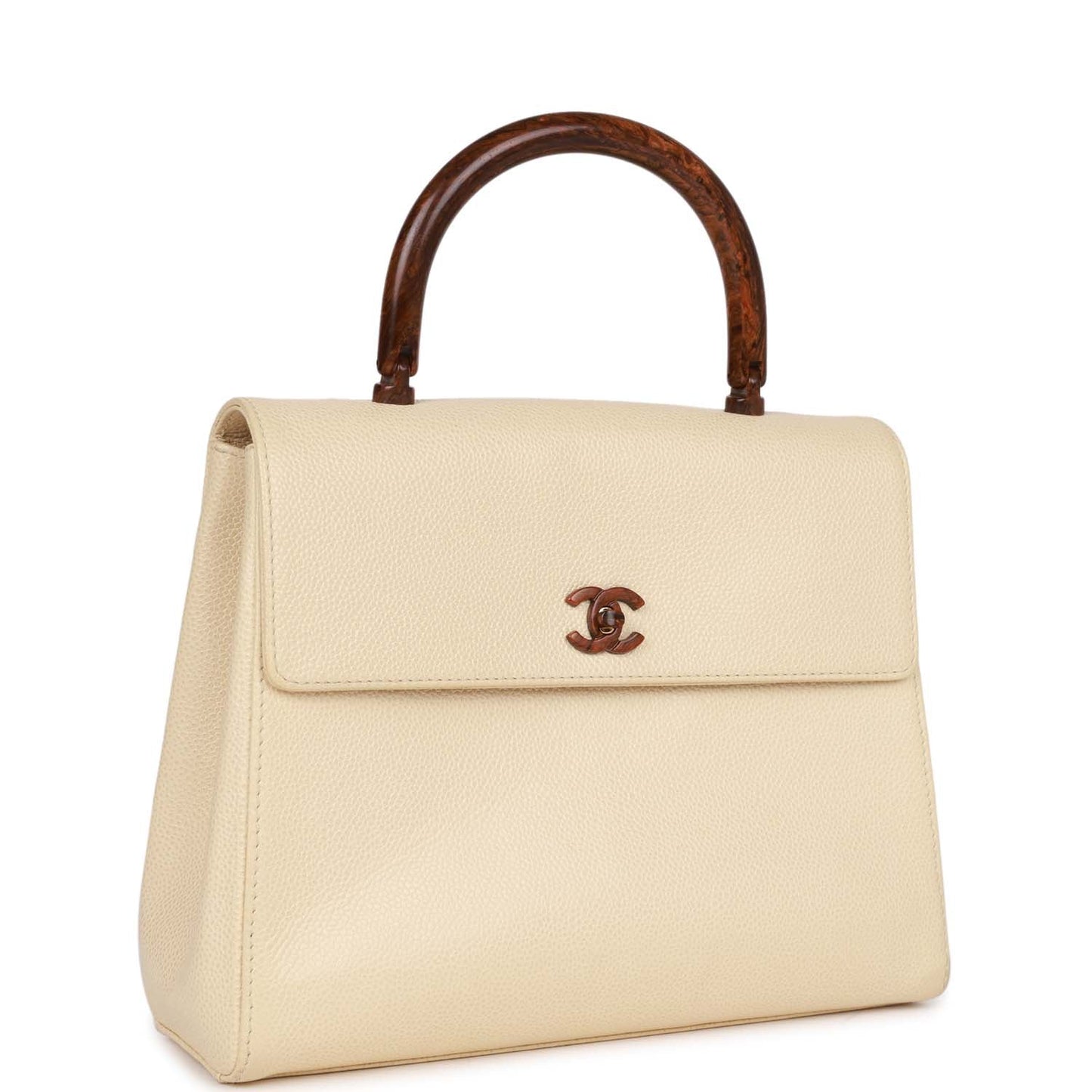 Vintage Luxury Chanel Wood Top Handle Kelly Ivory Caviar
