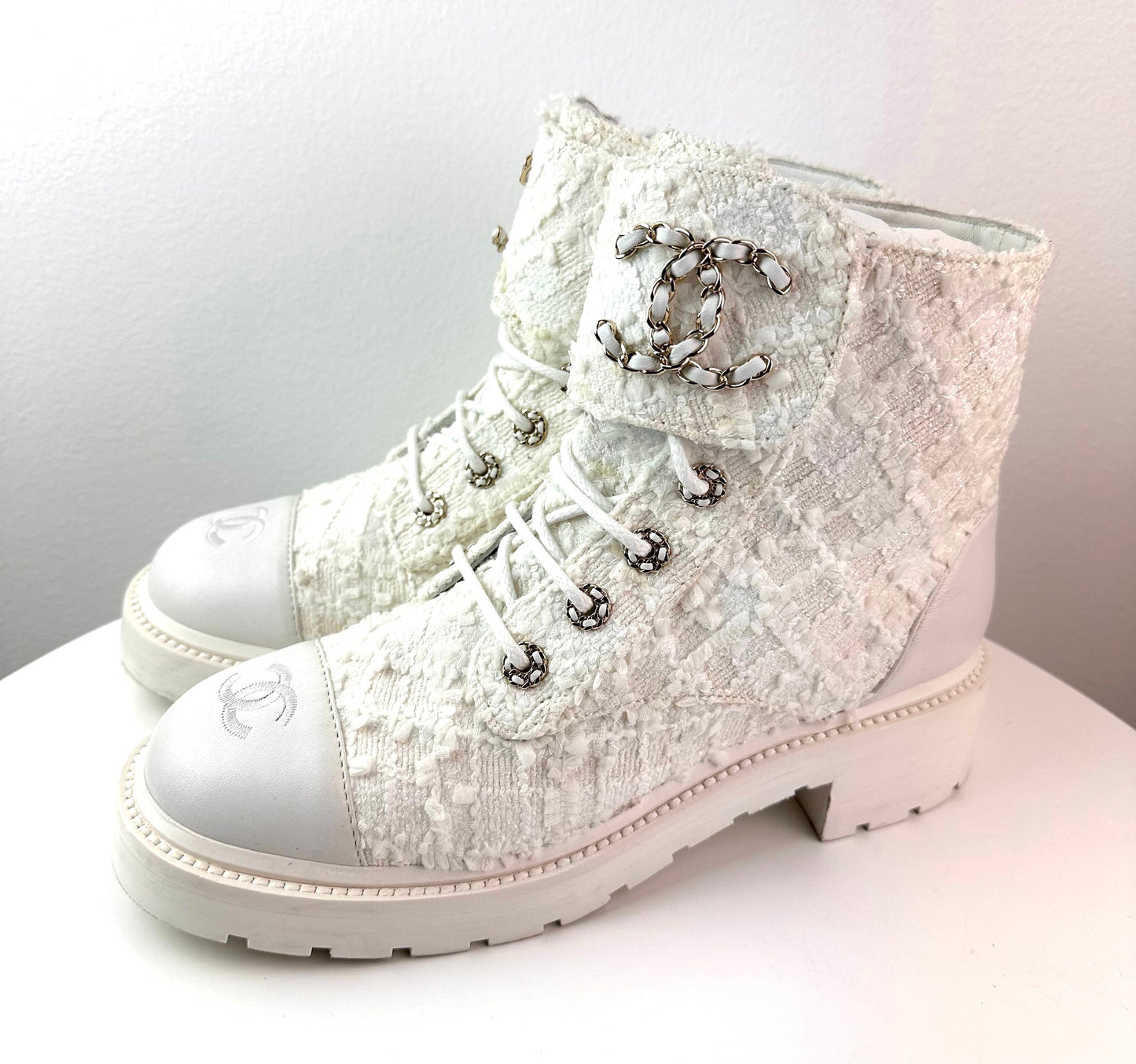 Chanel Women Lace Up Boots White Tweed
