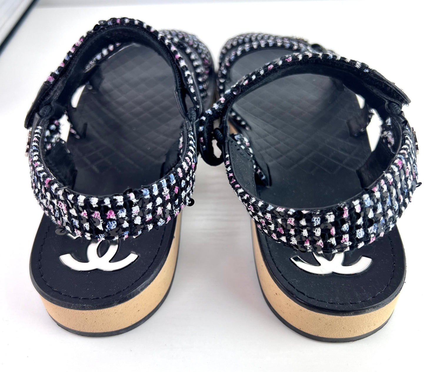 Chanel Tweed Lambskin Crystal CC Sandals Black Multicolor