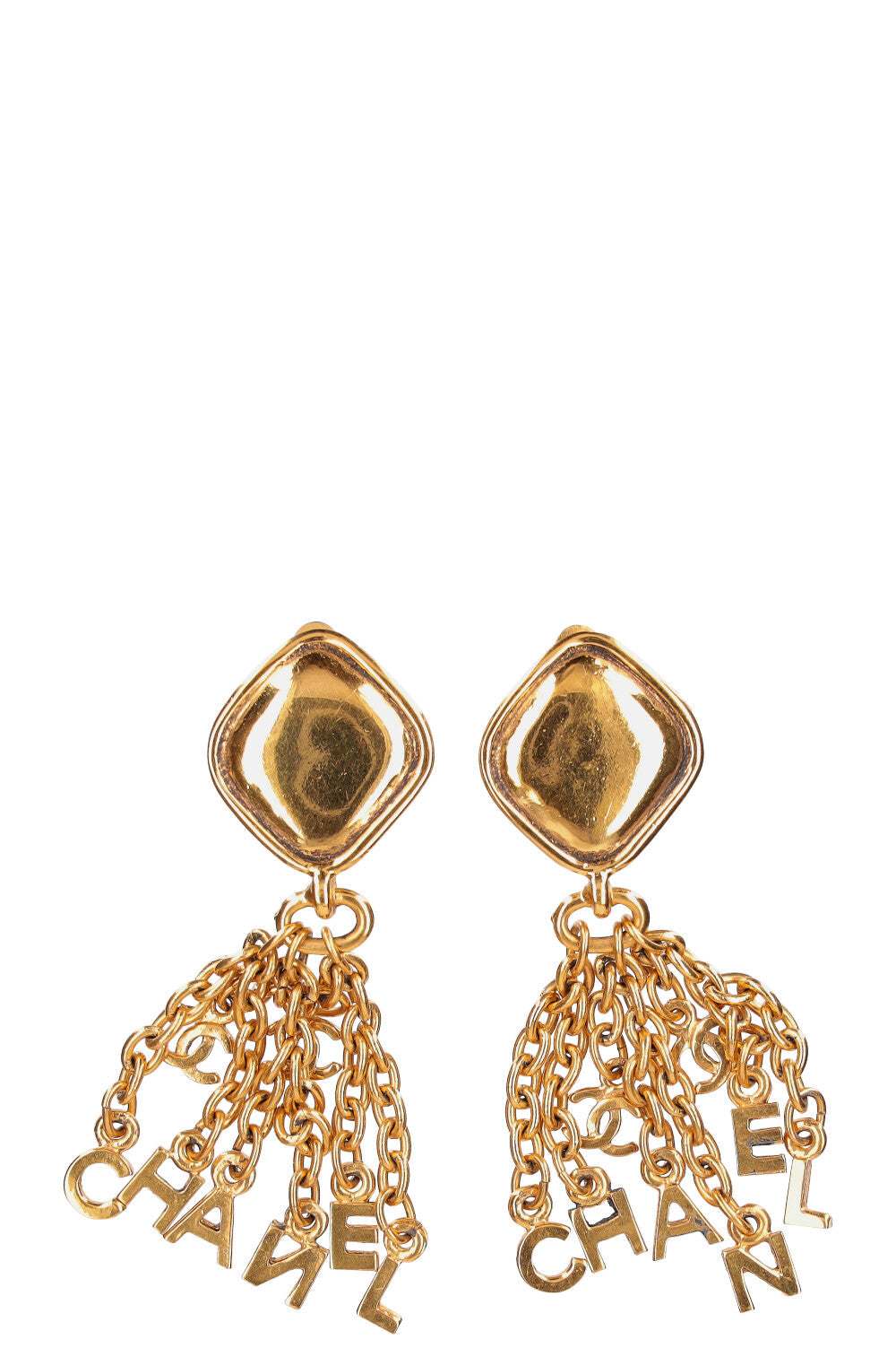 CHANEL Earclips Dangle Logo Gold