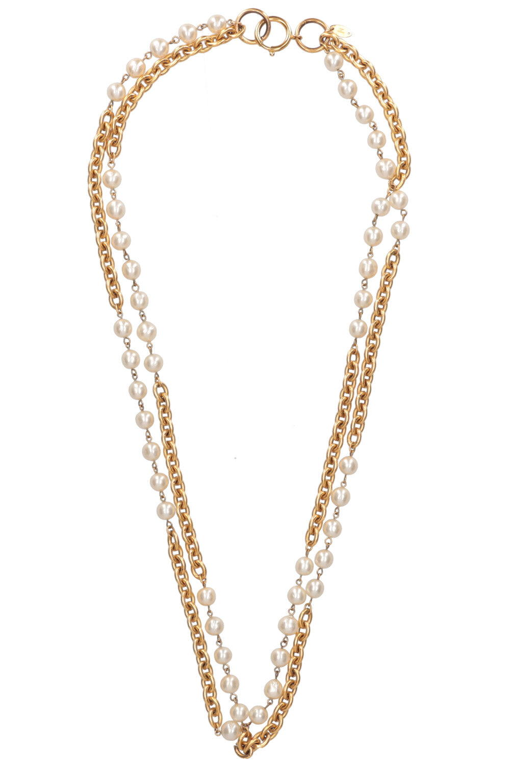 CHANEL Double Pearl Chain Necklace Gold 1985