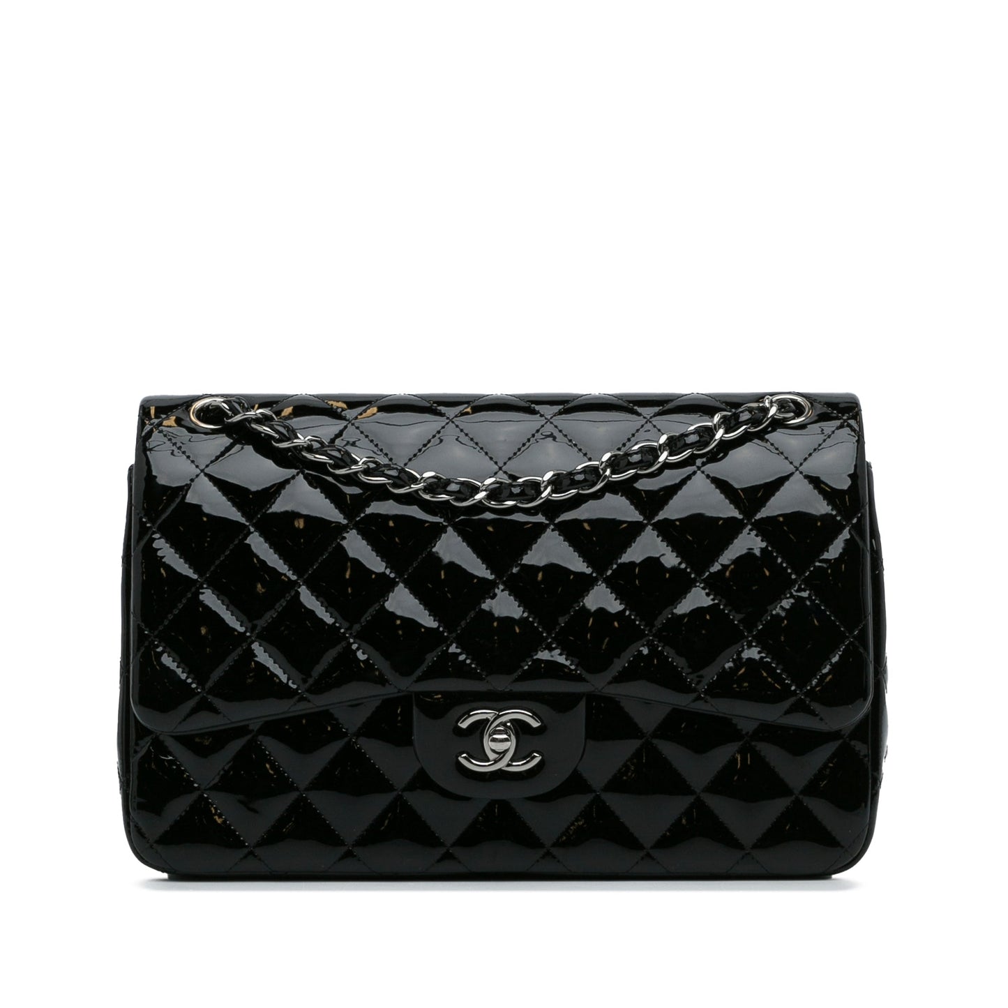 Luxury Chanel Classic Double Flap Jumbo Black Patent Leather Silver