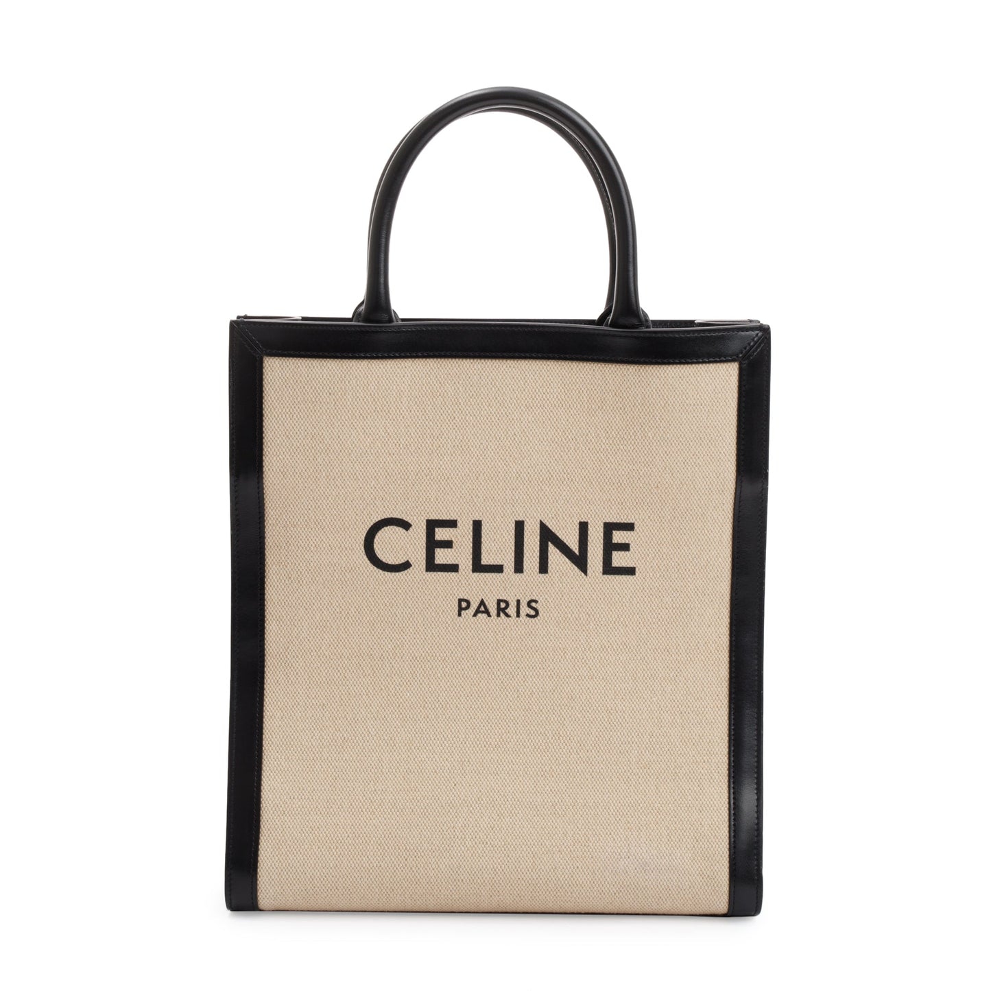 Celine 2021 Small Beige Canvas Black Calfskin Logo Vertical Cabas Tote
