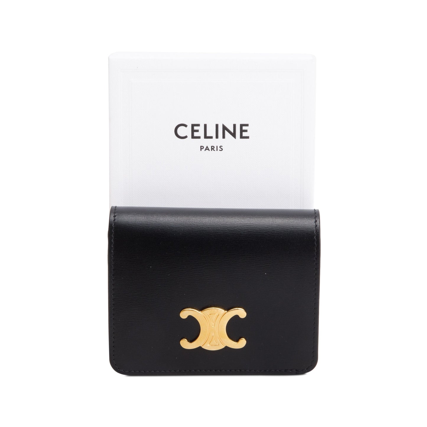Celine 2023 Black Shiny Calfskin Leather Triomphe Compact Wallet