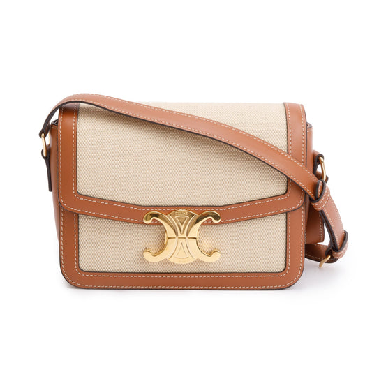 Celine 2023 Natural Canvas Tan Calfskin Leather Teen Triomphe Shoulder Bag