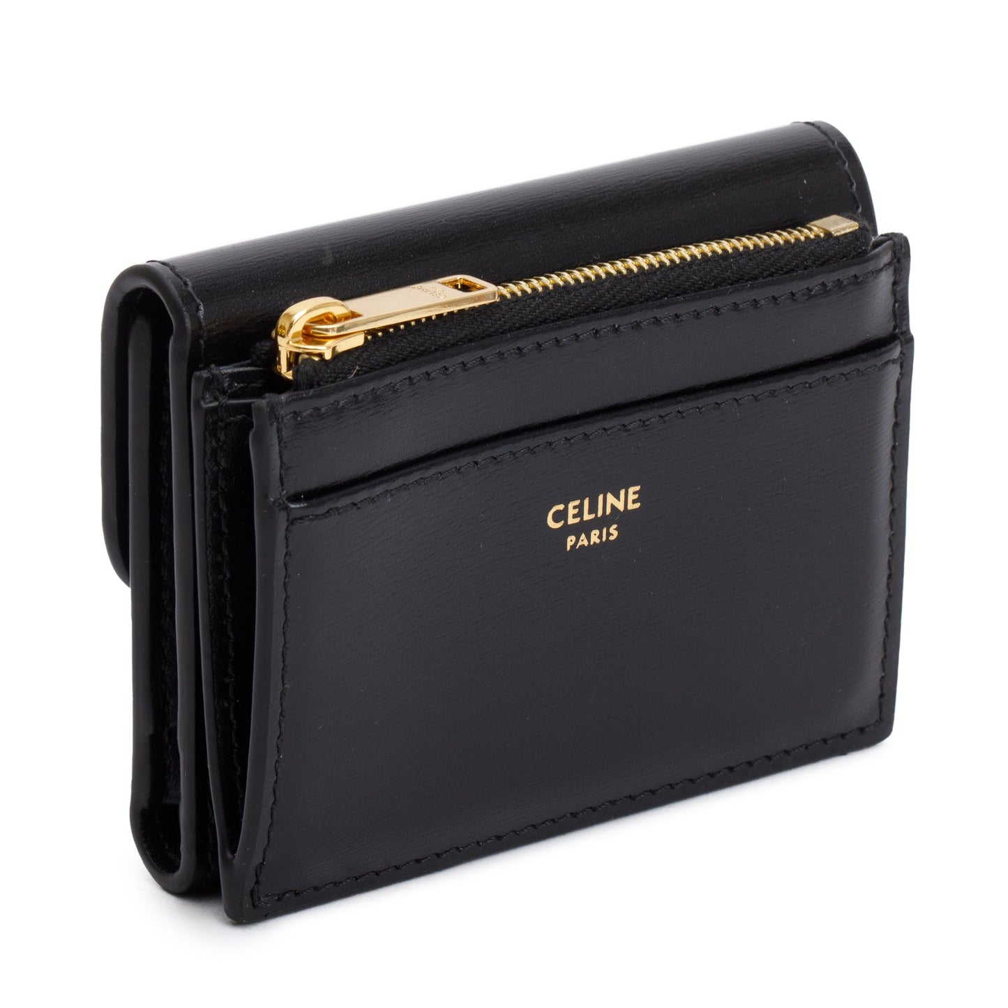 Celine 2024 Black Shiny Calfskin Leather Triomphe Compact Wallet