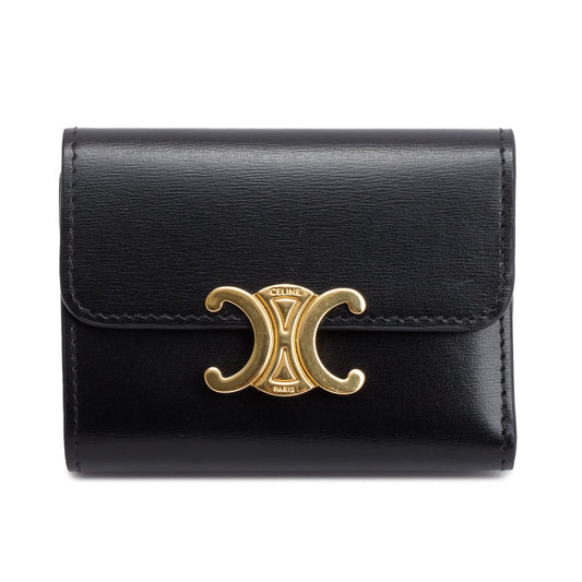 Celine 2024 Black Shiny Calfskin Leather Triomphe Compact Wallet