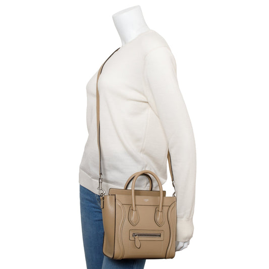Celine Beige Drummed Calfskin Leather Nano Luggage Tote