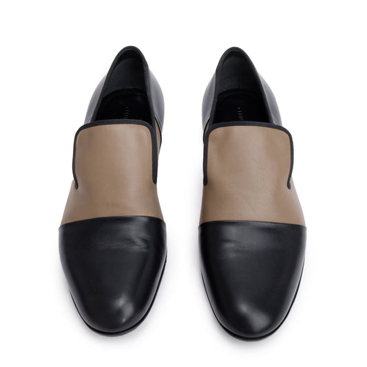 Celine Black/Taupe Calfskin Leather Luco Triomphe Loafers, Size 38.5