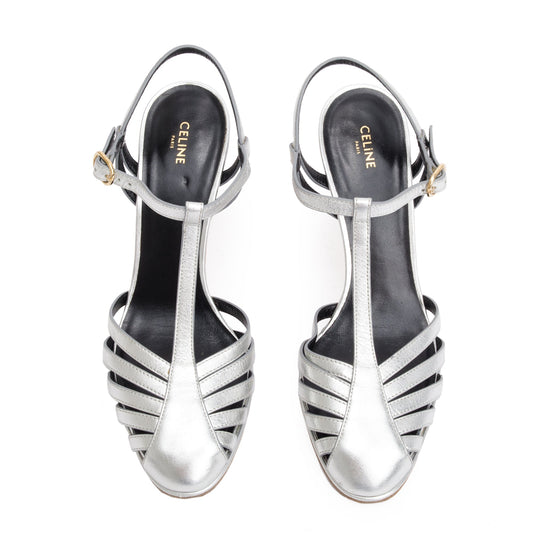 Celine Sliver Metallic Calfskin Leather Claude Sandals, Size 37