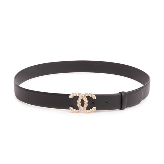 Chanel 2020 Black Calfskin Leather Strass CC Buckle Belt 95 38