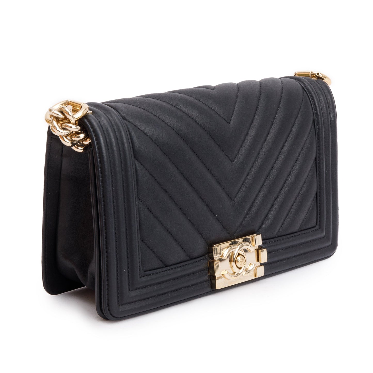Chanel 2020 Black Chevron Quilted Lambskin Leather Medium Boy Bag