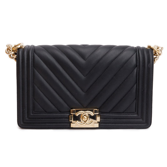 Chanel 2020 Black Chevron Quilted Lambskin Leather Medium Boy Bag