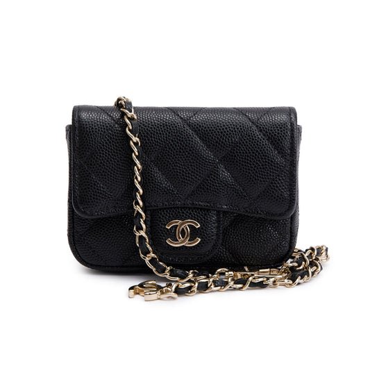 Chanel 2020 Black Quilted Caviar Leather Mini Chain Belt Bag