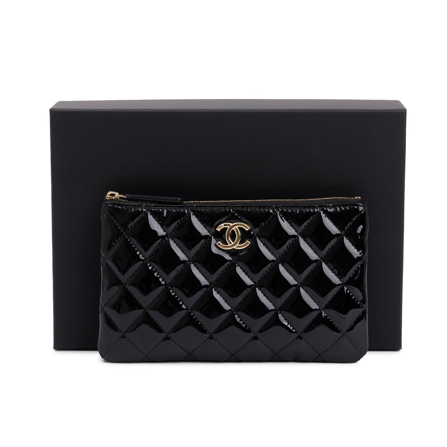 Chanel 2020 Black Quilted Patent Leather Classic Pouch