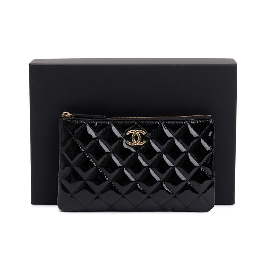 Chanel 2020 Black Quilted Patent Leather Classic Pouch