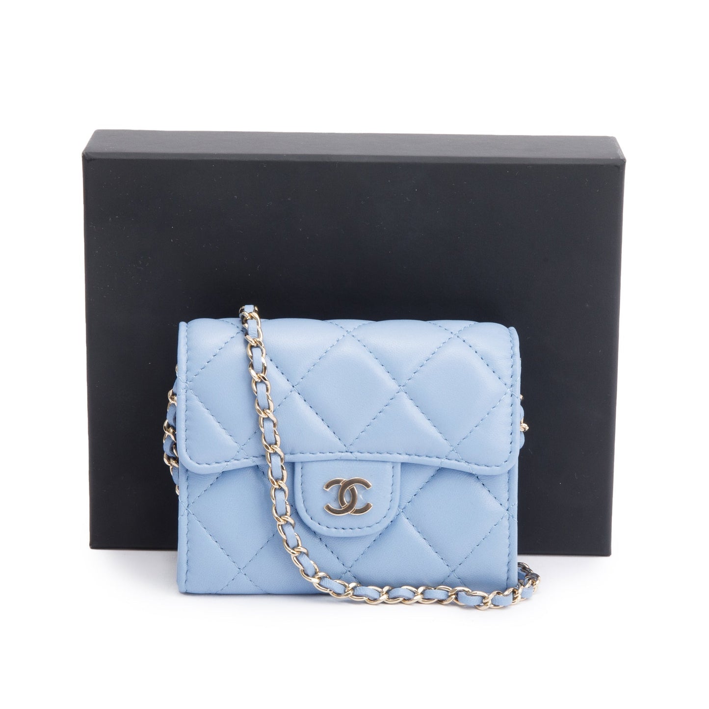 Chanel 2020 Blue Lambskin Quilted Leather Card Holder On Chain