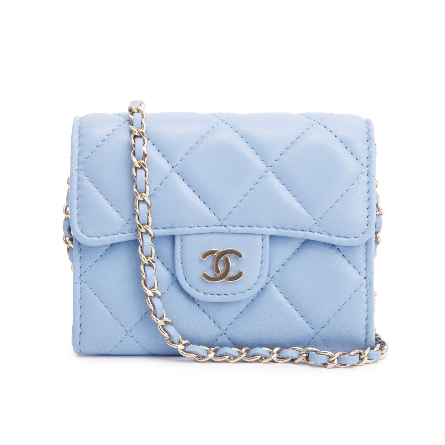 Chanel 2020 Blue Lambskin Quilted Leather Card Holder On Chain
