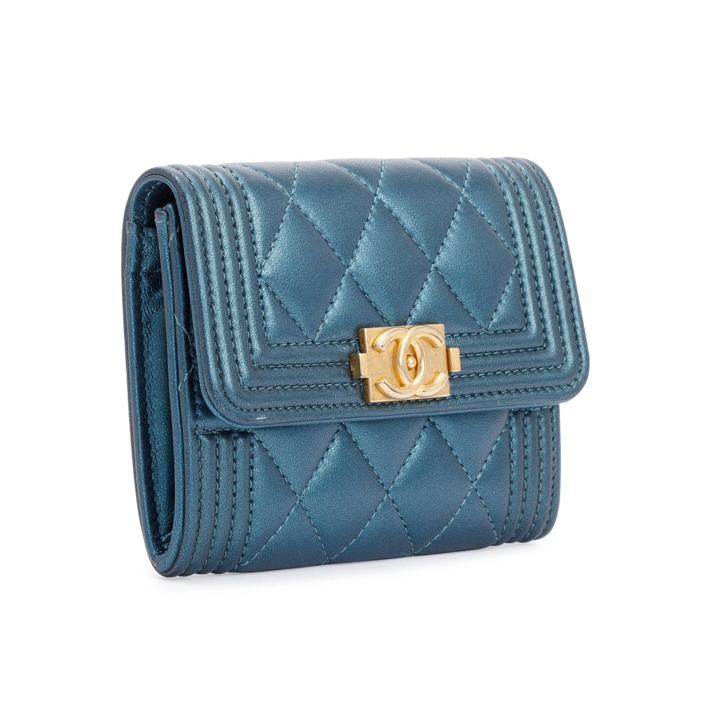 Chanel 2020 Blue Metallic Lambskin Boy Flap Card Holder