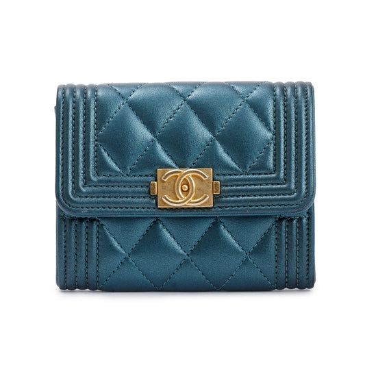 Chanel 2020 Blue Metallic Lambskin Boy Flap Card Holder