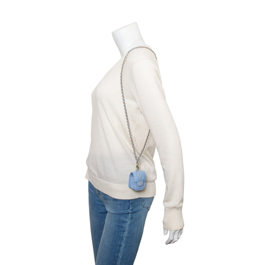 Chanel 2020 Blue Quilted Lambskin Leather Airpods Flap Case on Chain