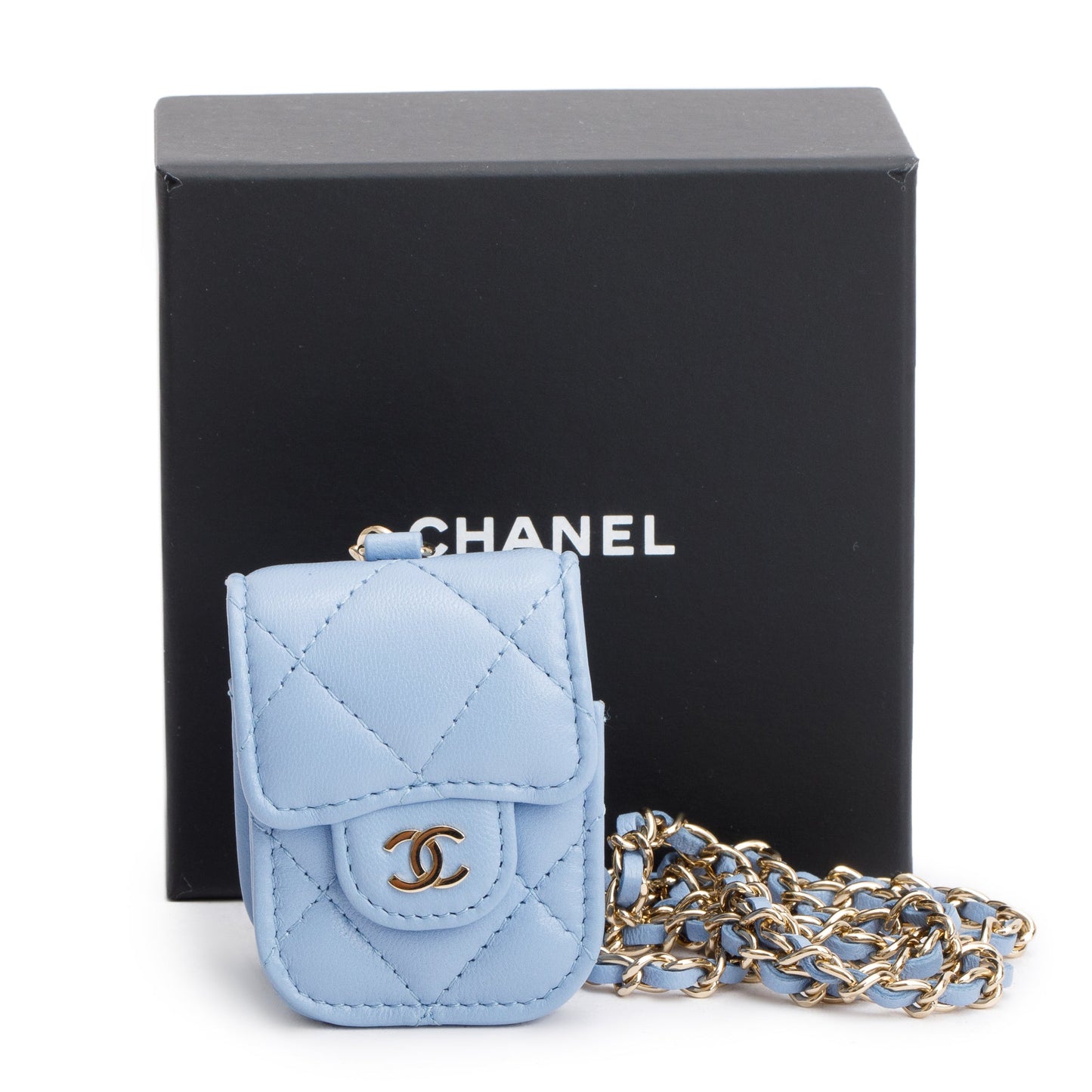Chanel 2020 Blue Quilted Lambskin Leather Airpods Flap Case on Chain