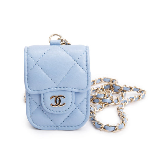 Chanel 2020 Blue Quilted Lambskin Leather Airpods Flap Case on Chain