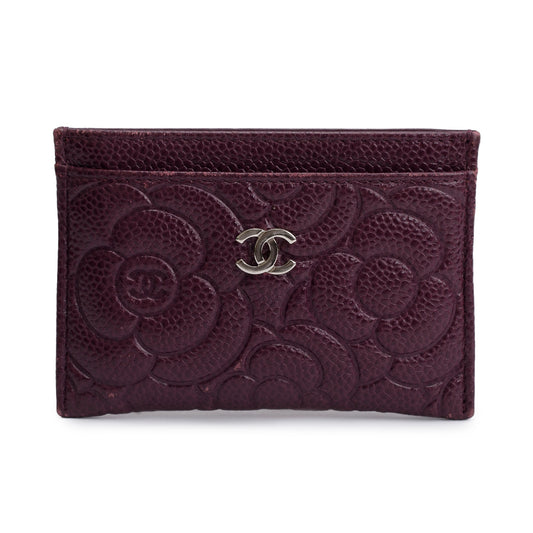 Chanel 2020 Burgundy Camellia Embossed Caviar Leather Classic Card Holder