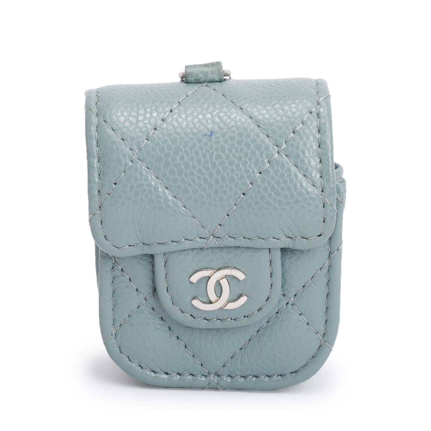 Chanel 2020 Grey Quilted Caviar Leather Airpods Flap Case on Chain