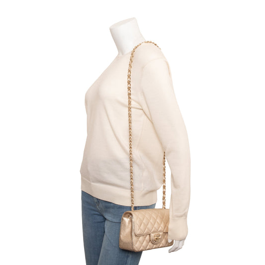 Chanel 2020 Metallic Gold Quilted CalfskinLeather Classic Mini Rectangular Flap Bag
