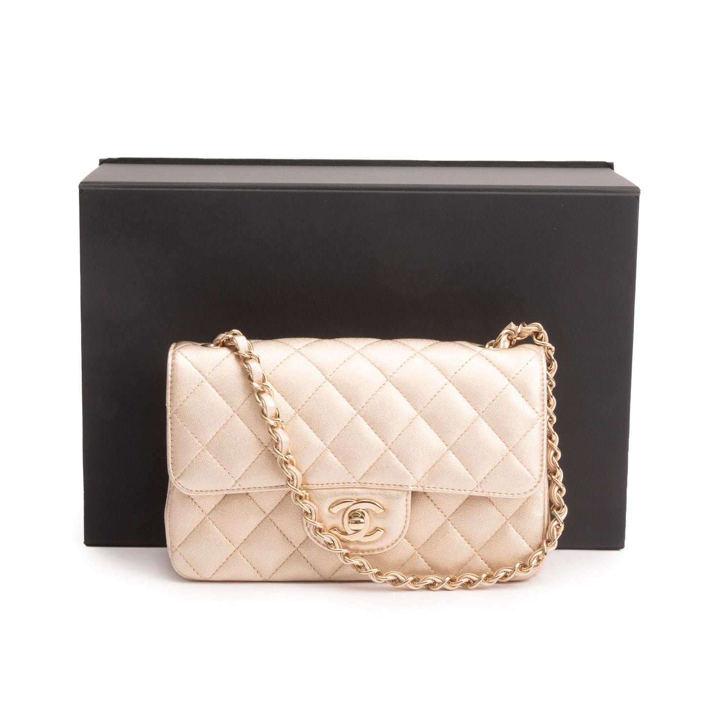 Chanel 2020 Metallic Gold Quilted CalfskinLeather Classic Mini Rectangular Flap Bag