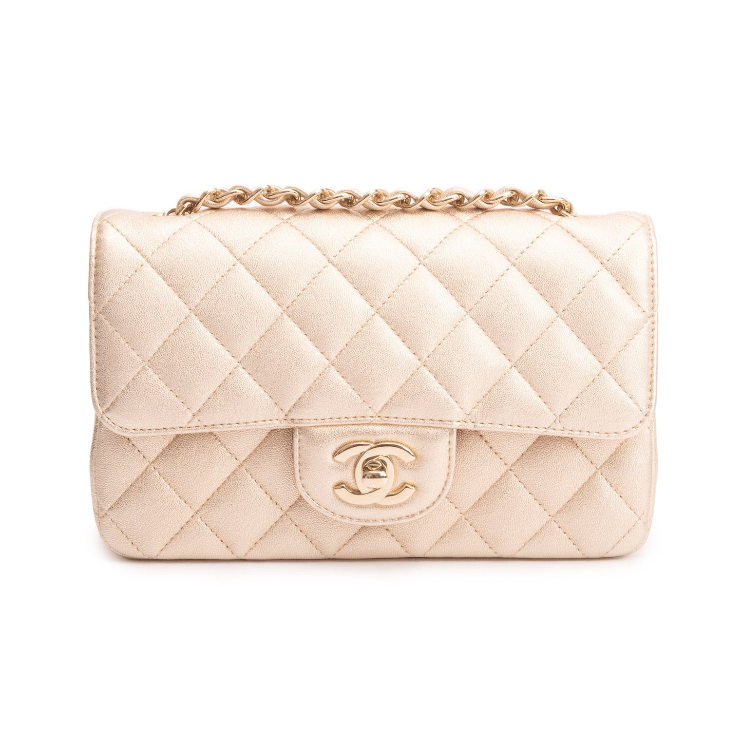 Chanel 2020 Metallic Gold Quilted CalfskinLeather Classic Mini Rectangular Flap Bag