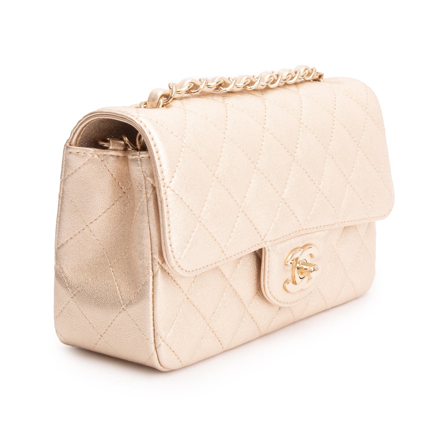 Chanel 2020 Metallic Gold Quilted CalfskinLeather Classic Mini Rectangular Flap Bag