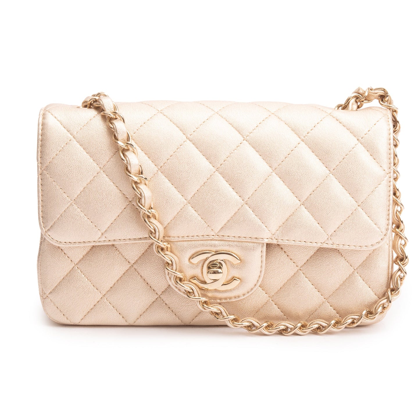 Chanel 2020 Metallic Gold Quilted CalfskinLeather Classic Mini Rectangular Flap Bag
