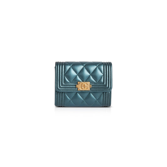 Chanel 2020 Metallic Lambskin Boy Flap Card Holder