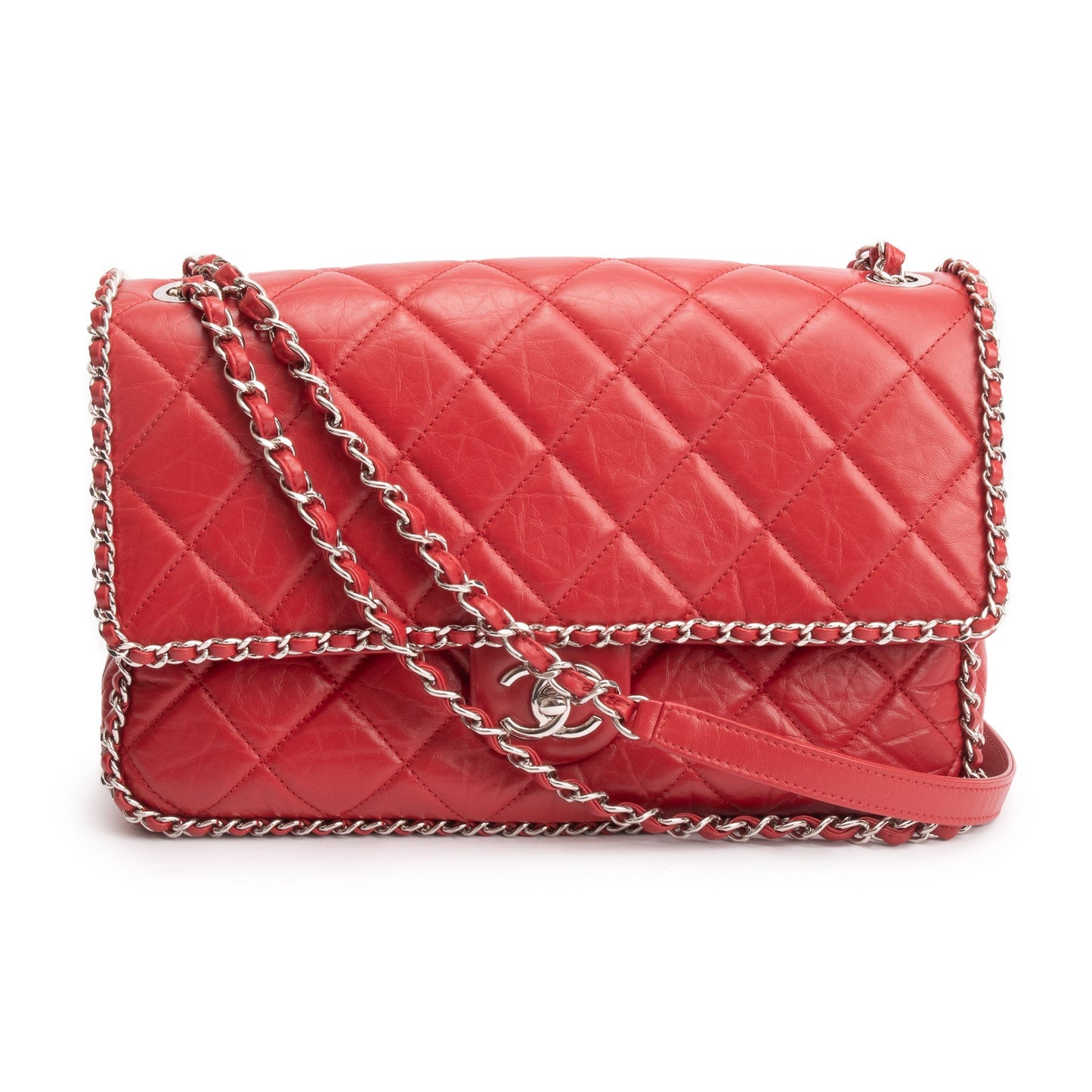 Chanel 2020 Red Quilted Calfskin Leather Large Running Chain Flap Bag