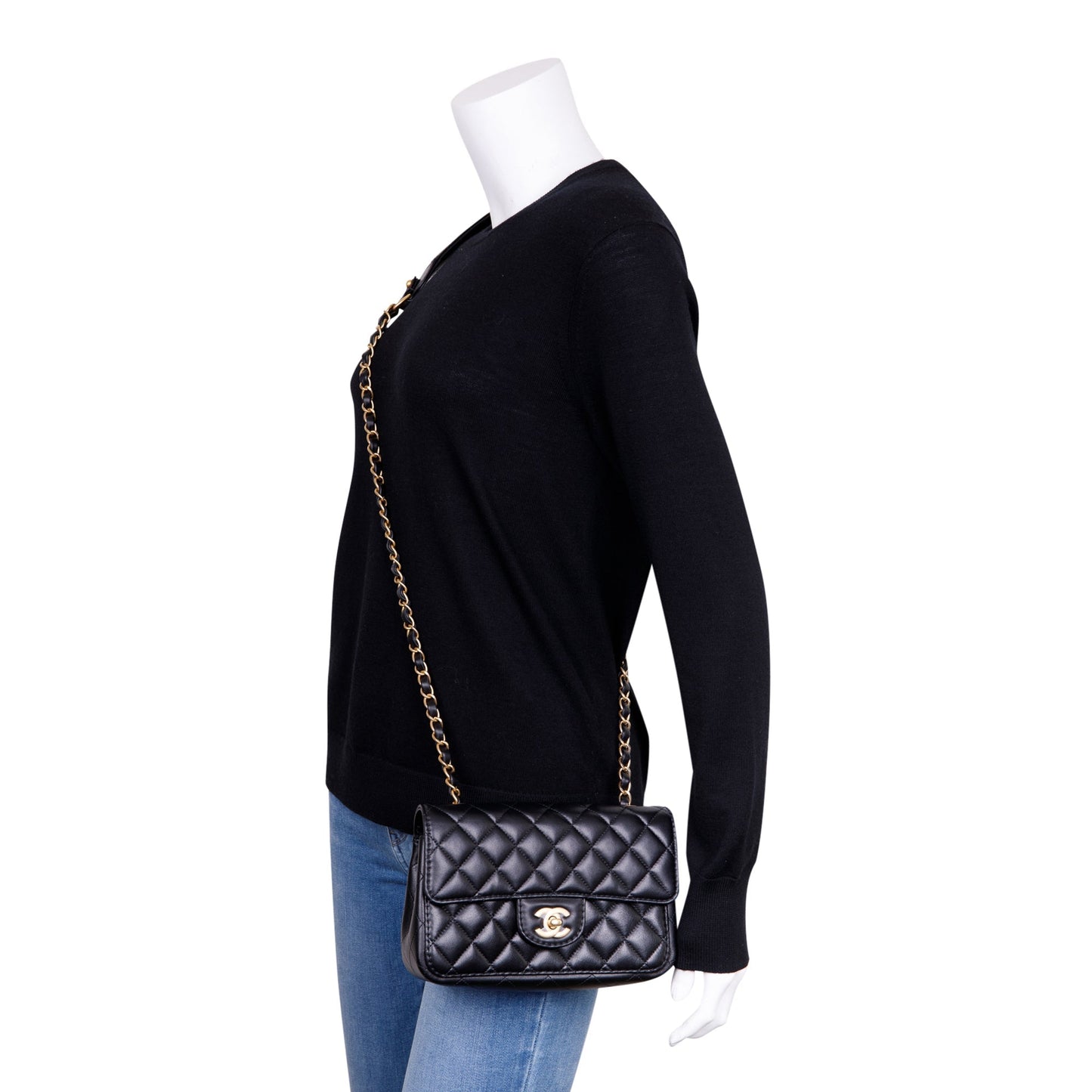 Chanel 2020 Small Black Lambskin Strap Into Flap Bag