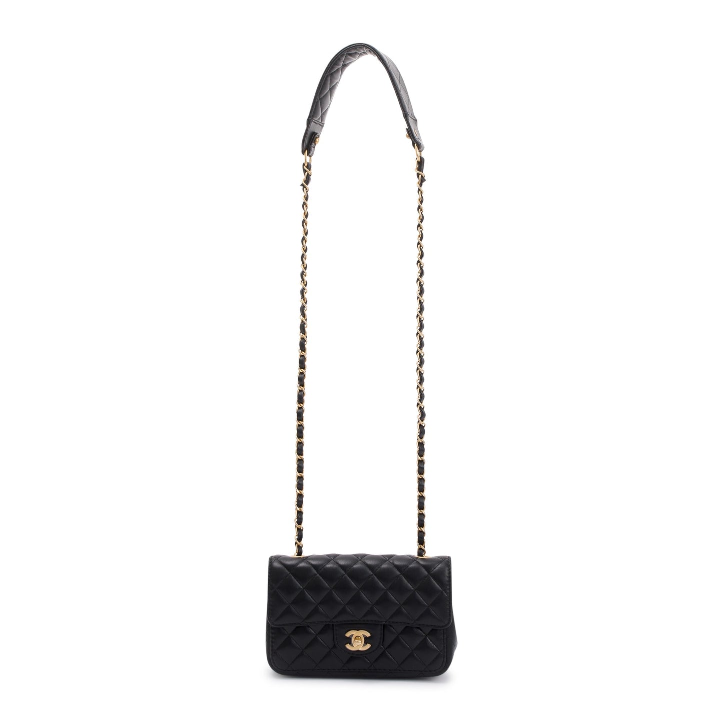 Chanel 2020 Small Black Lambskin Strap Into Flap Bag