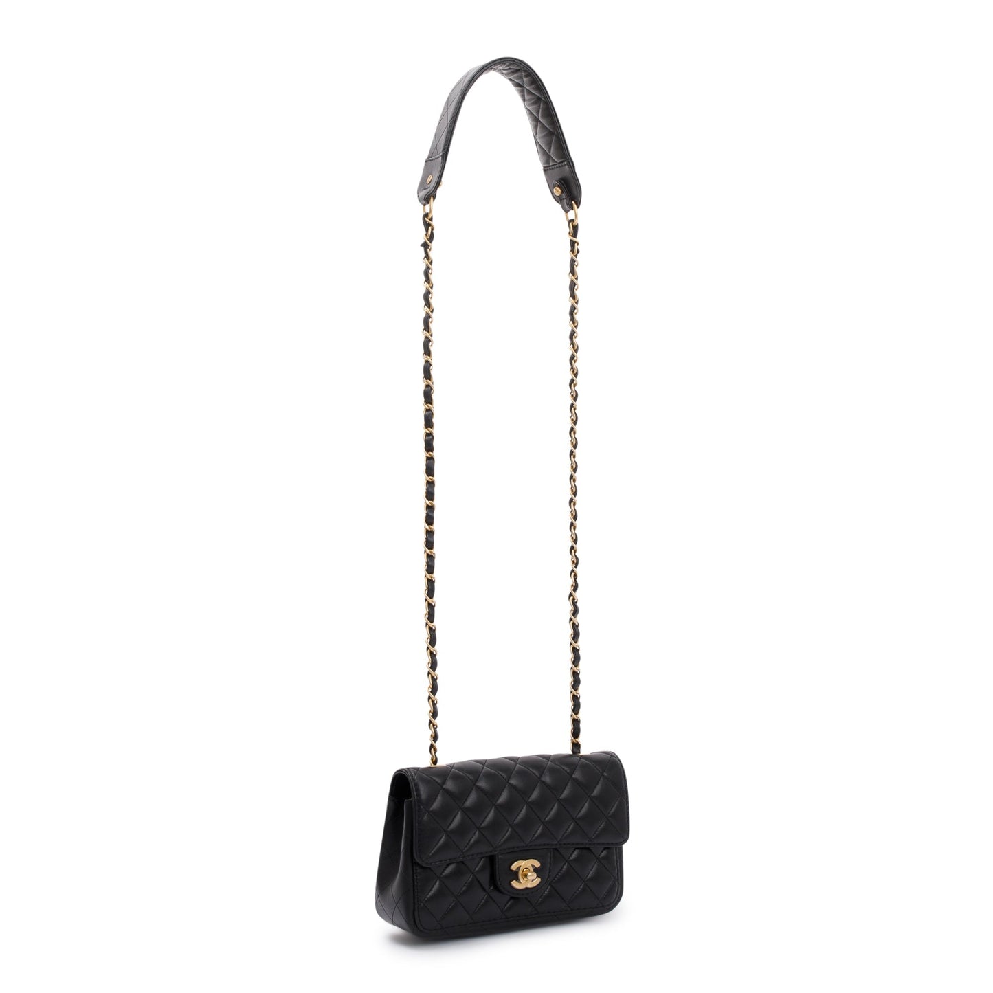 Chanel 2020 Small Black Lambskin Strap Into Flap Bag