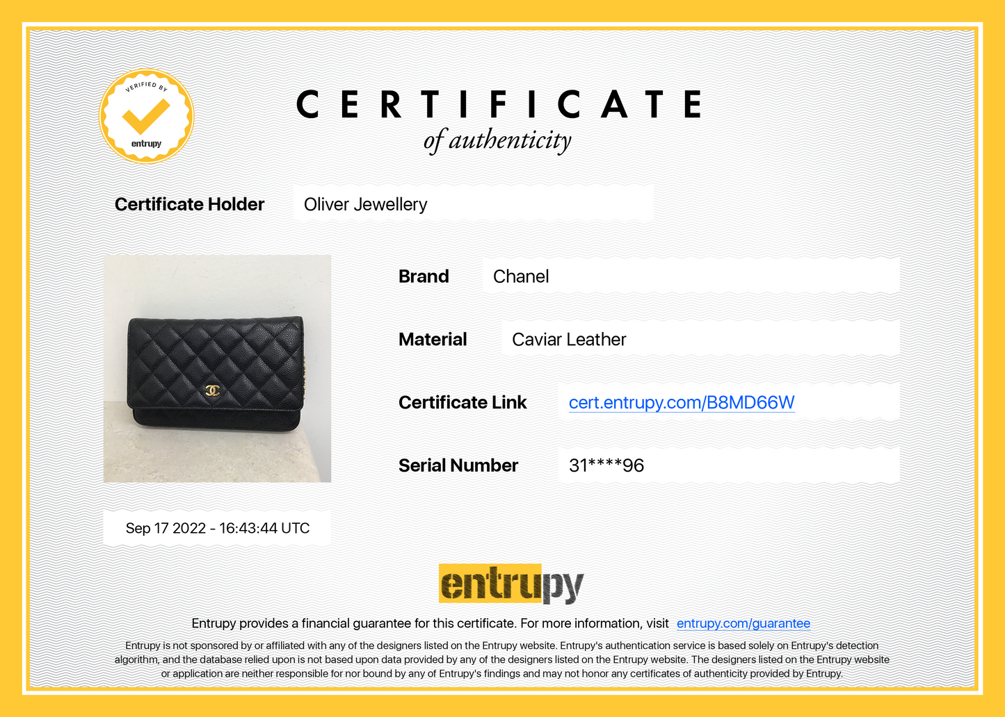 Chanel 2021 Black Caviar Classic Wallet on Chain