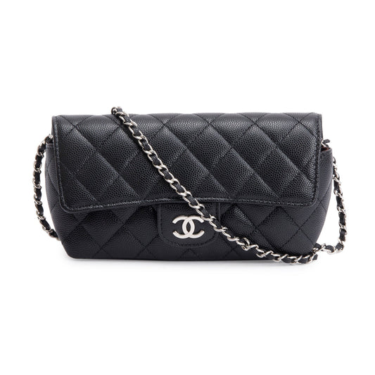 Chanel 2021 Black Quilted Caviar Leather Classic Sunglasses Case on Chain