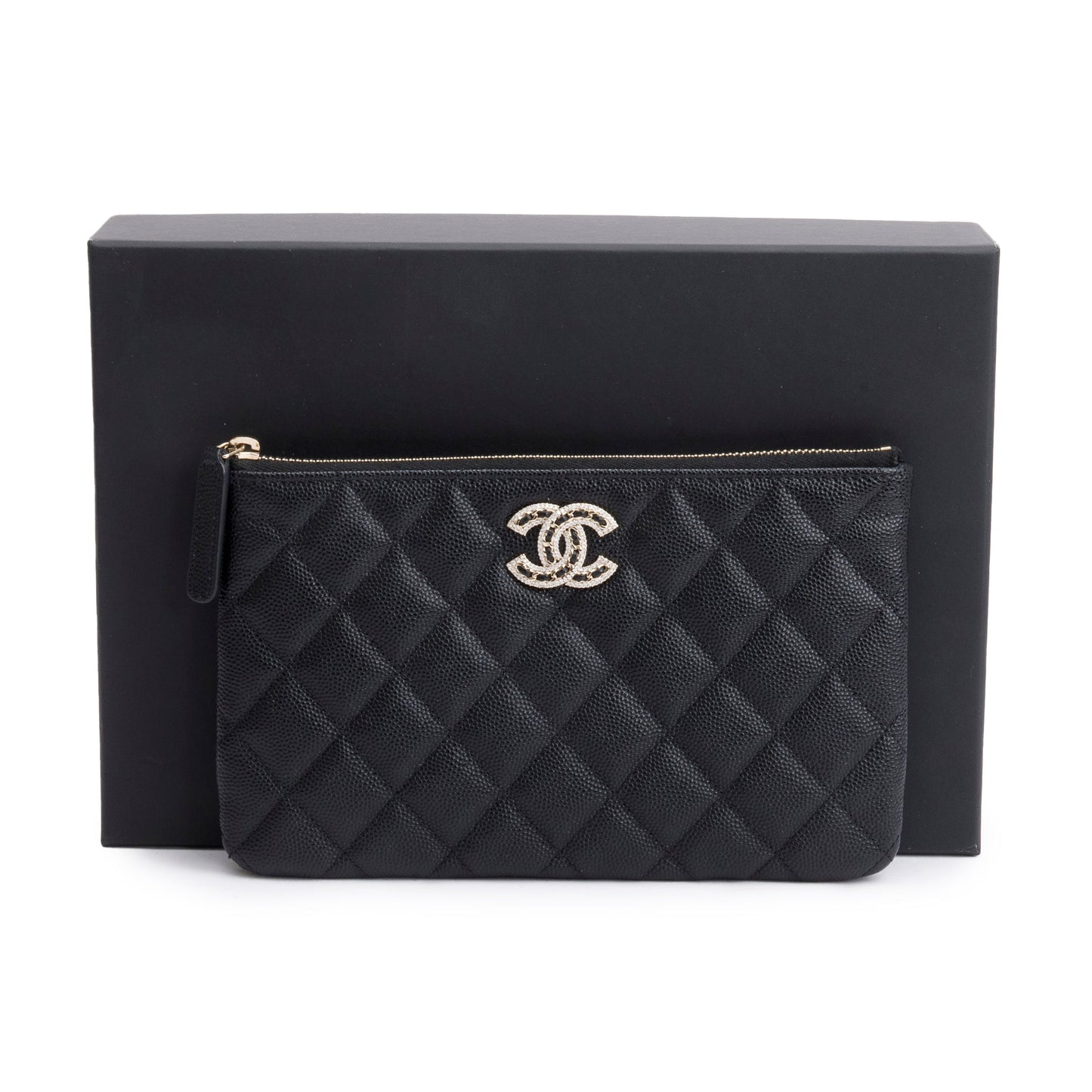 Chanel 2021 Black Quilted Caviar Leather Small CC Strass O-Case Clutch
