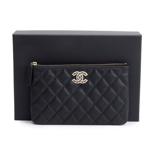 Chanel 2021 Black Quilted Caviar Leather Small CC Strass O-Case Clutch