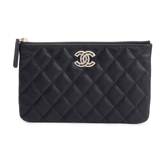 Chanel 2021 Black Quilted Caviar Leather Small CC Strass O-Case Clutch