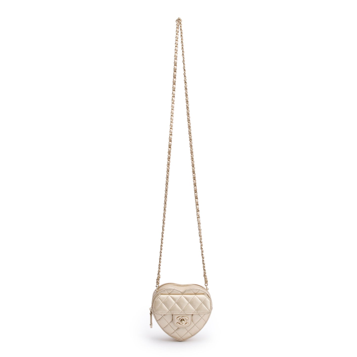 Chanel 2021 Gold Lambskin Leather Mini CC In Love Heart Bag