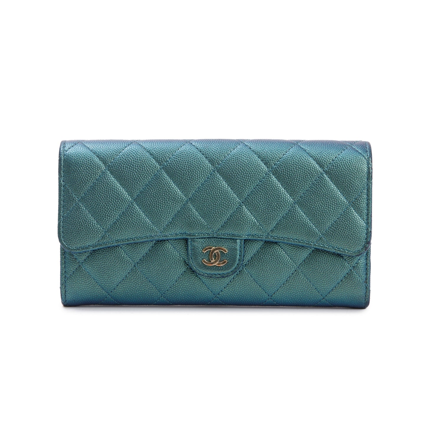 Chanel 2021 Green Iridescent Caviar Leather Classic Long Flap Wallet