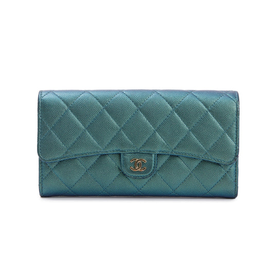 Chanel 2021 Green Iridescent Caviar Leather Classic Long Flap Wallet