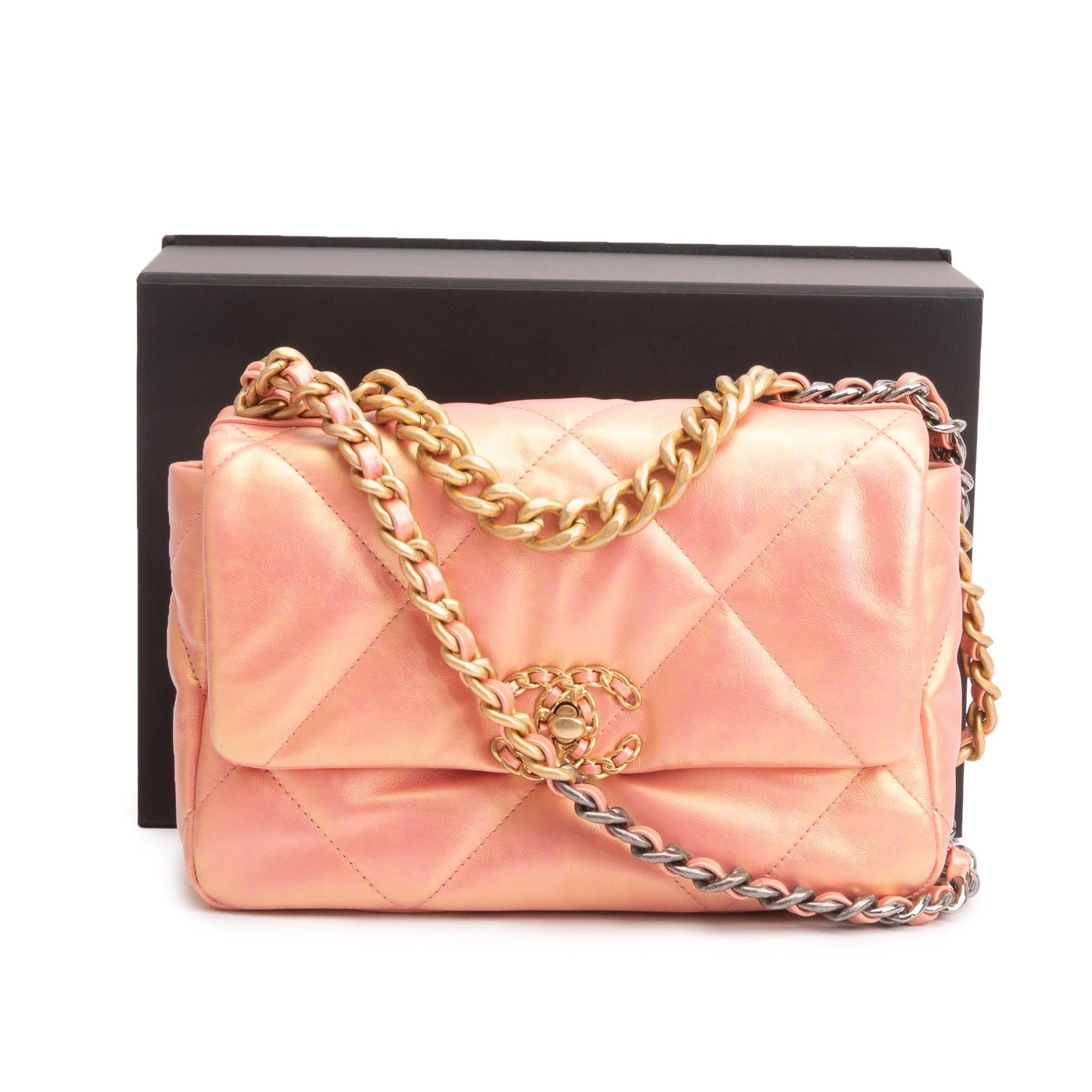 Chanel 2021 Pink Iridescent Lambskin Leather Medium 19 Flap Bag