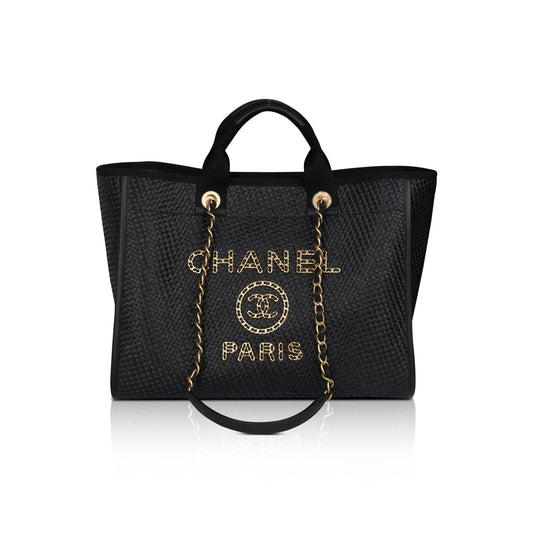 Chanel 2021 Straw Raffia Calfskin Chain Medium Deauville Tote